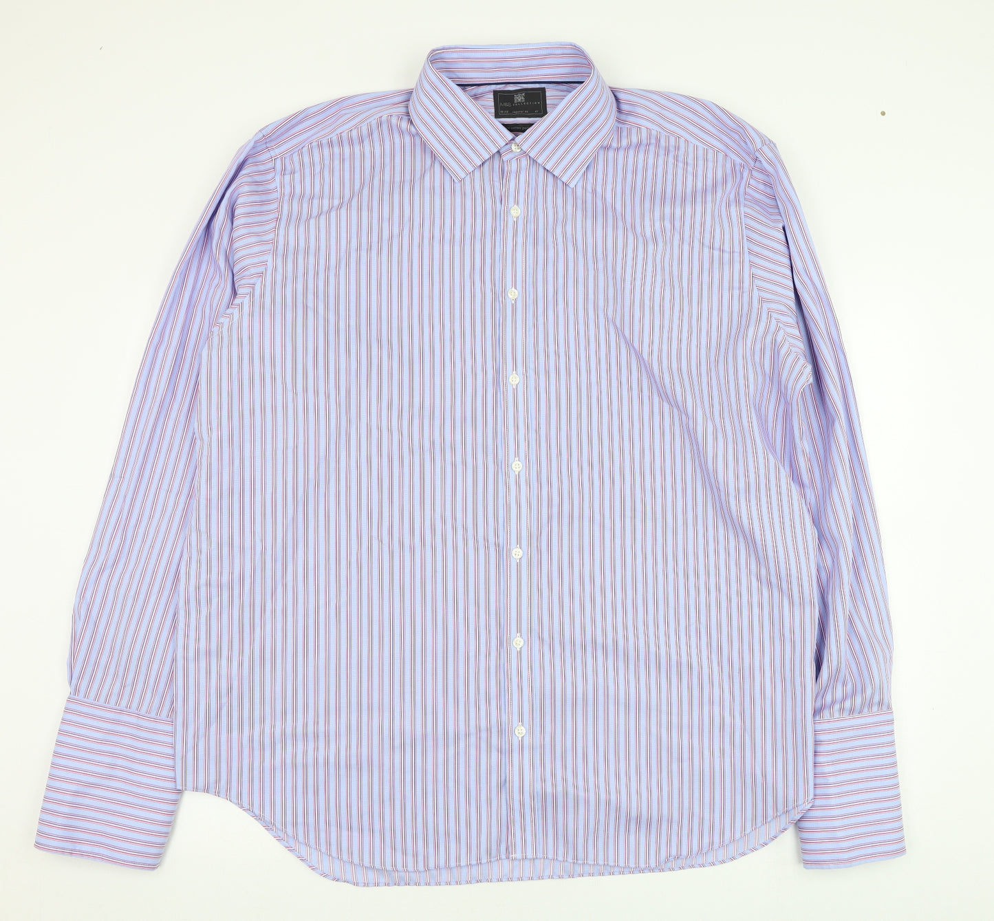 Marks and Spencer Mens Blue Striped Cotton  Dress Shirt Size 18.5 Collared Button