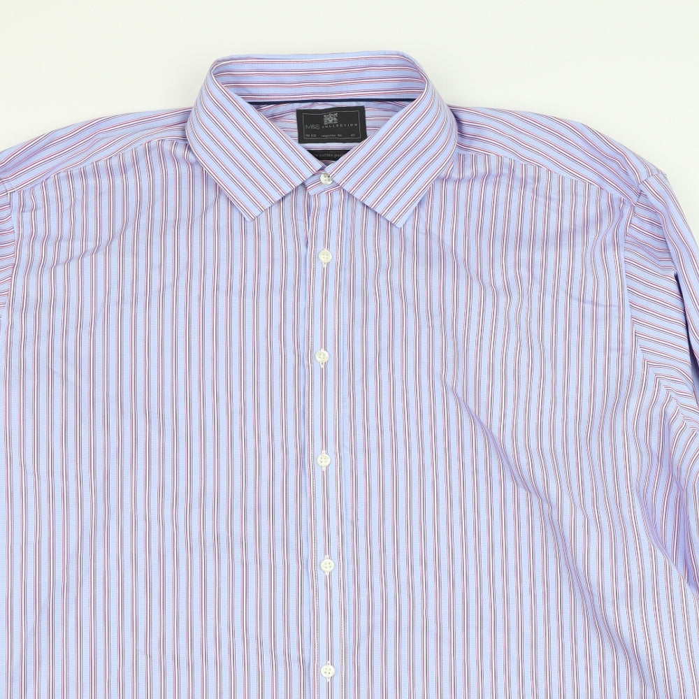 Marks and Spencer Mens Blue Striped Cotton  Dress Shirt Size 18.5 Collared Button