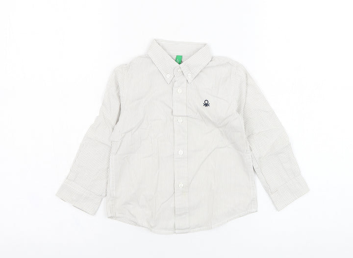 United Colors of Benetton Boys Ivory Striped Cotton Basic Button-Up Size 18-24 Months Collared Button