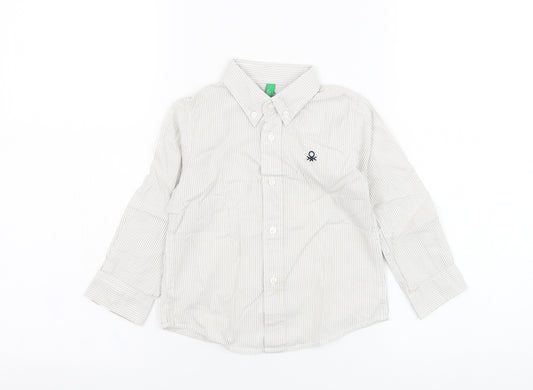 Front view of United Colors of Benetton boys’ ivory striped cotton basic button-up, size 18-24, months collared button