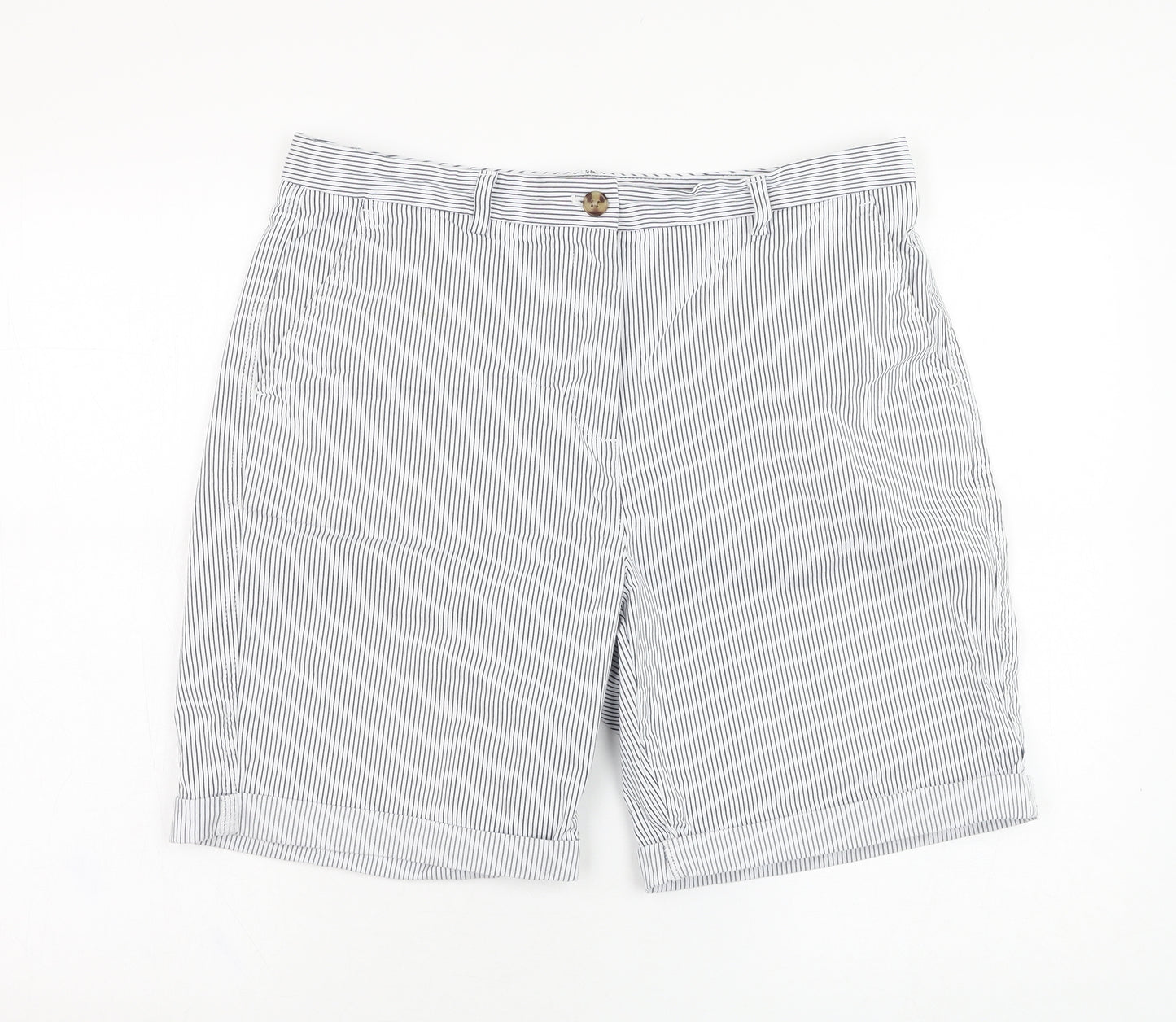 Marks and Spencer Womens White Striped Cotton Bermuda Shorts Size 14 L8 in Regular Zip