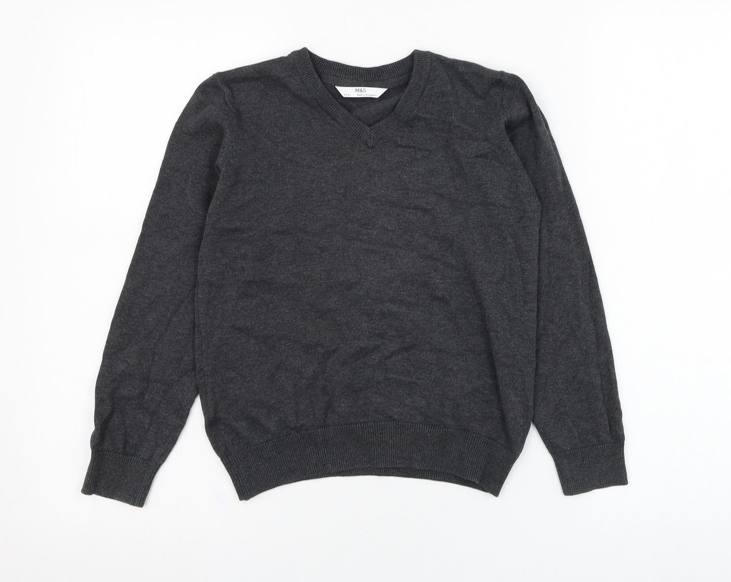 Marks and Spencer Boys Grey V-Neck  Cotton Pullover Jumper Size 8-9 Years  Pullover