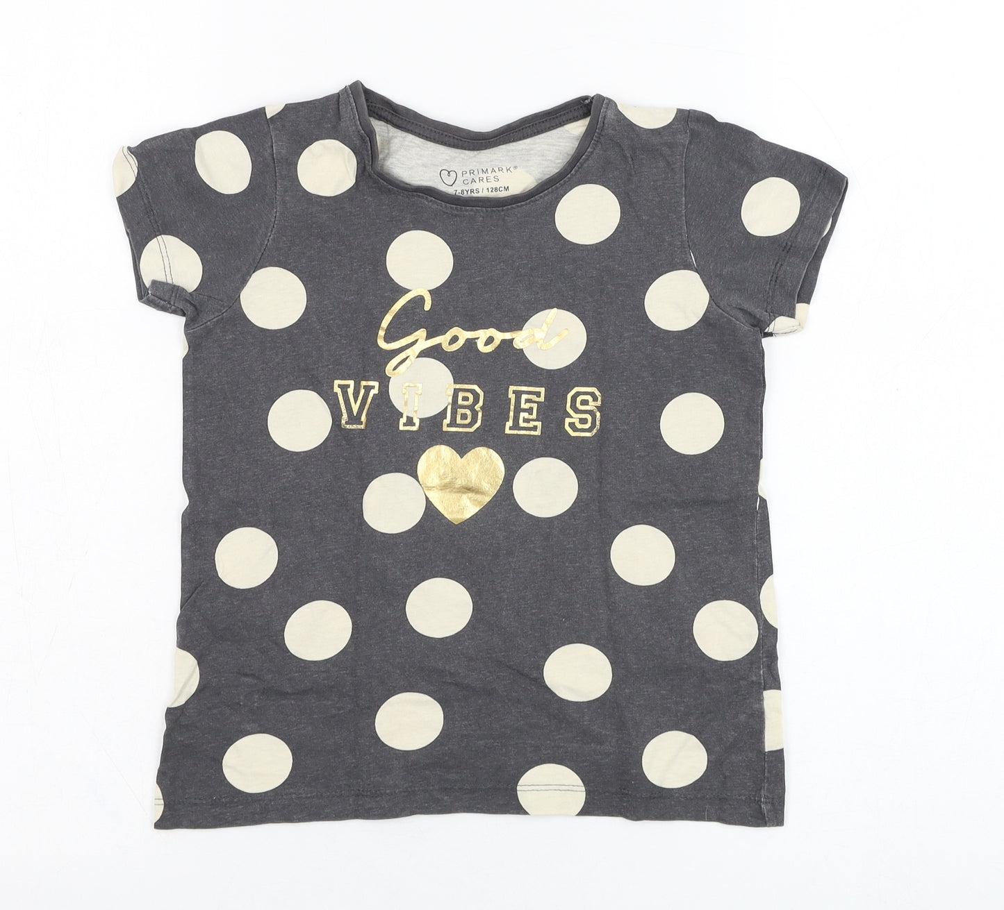 Primark Girls Grey Polka Dot Cotton Basic T-Shirt Size 7-8 Years Round Neck Pullover - Good Vibes
