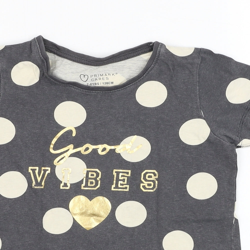 Primark Girls Grey Polka Dot Cotton Basic T-Shirt Size 7-8 Years Round Neck Pullover - Good Vibes