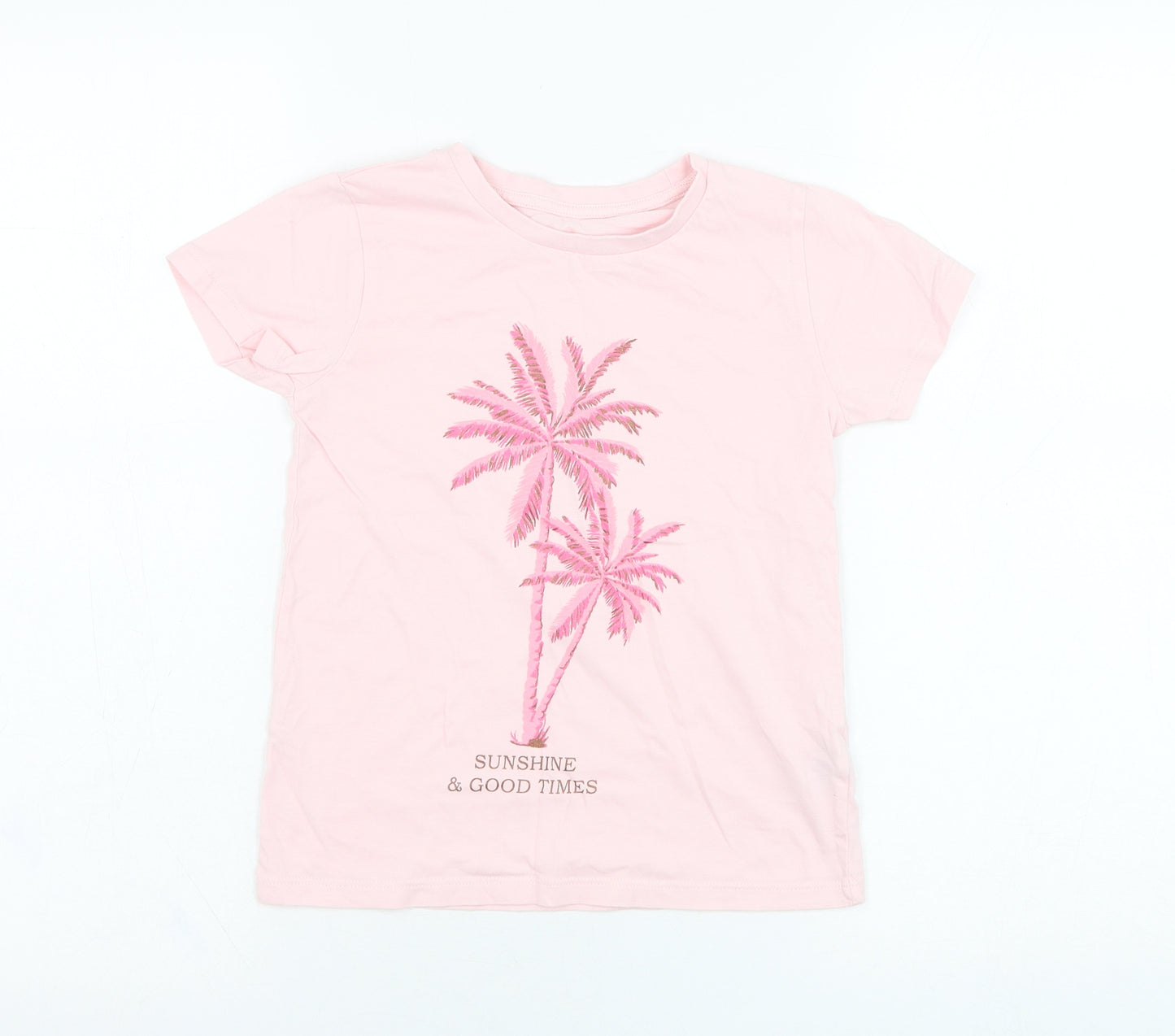 Dunnes Stores Girls Pink  Cotton Basic T-Shirt Size 8-9 Years Round Neck Pullover - Palm Tree