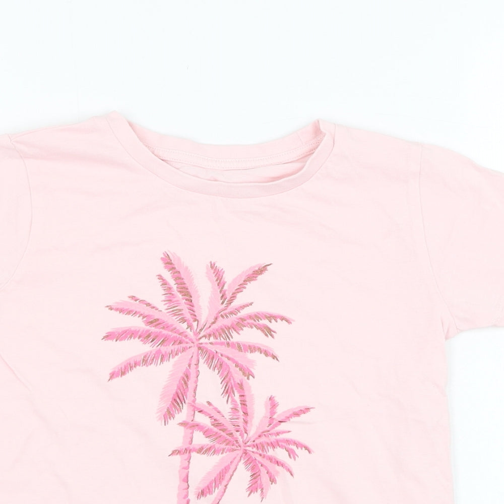 Dunnes Stores Girls Pink  Cotton Basic T-Shirt Size 8-9 Years Round Neck Pullover - Palm Tree