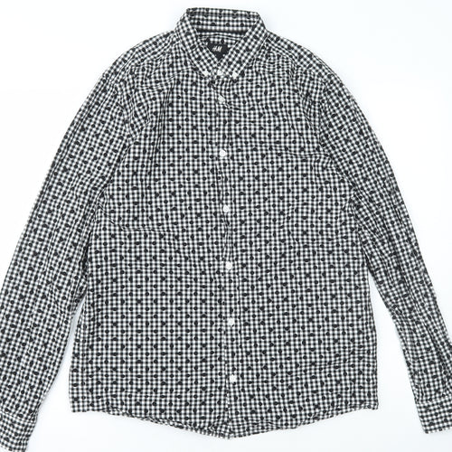 H&M Mens Black Check Cotton  Button-Up Size M Collared Button