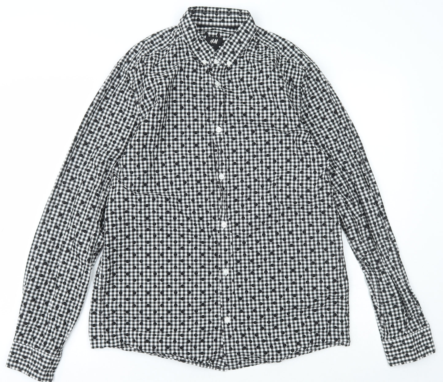 H&M Mens Black Check Cotton  Button-Up Size M Collared Button