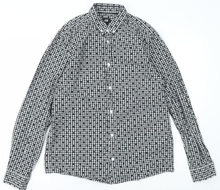 H&M Mens Black Check Cotton  Button-Up Size M Collared Button