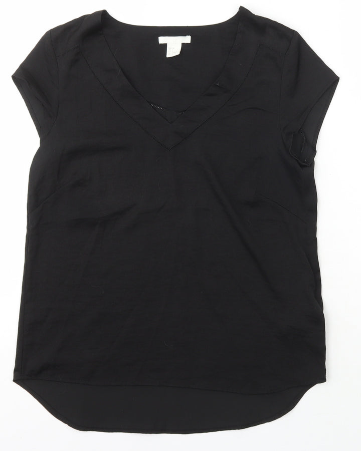H&M Womens Black  Polyester Basic T-Shirt Size 34 V-Neck