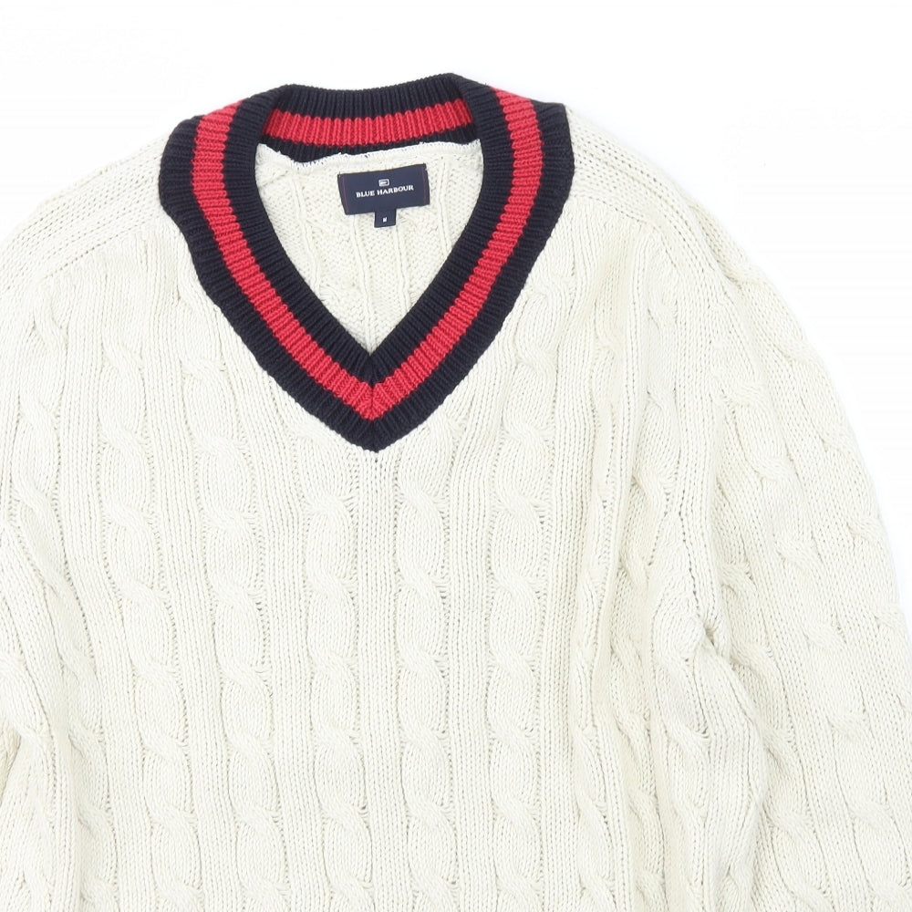 Blue Harbour Mens Ivory V-Neck  Cotton Pullover Jumper Size M