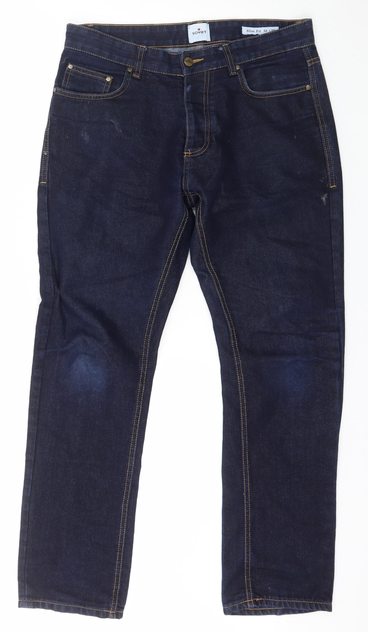 Soviet Mens Blue  Cotton Bootcut Jeans Size 32 L30 in Slim Button