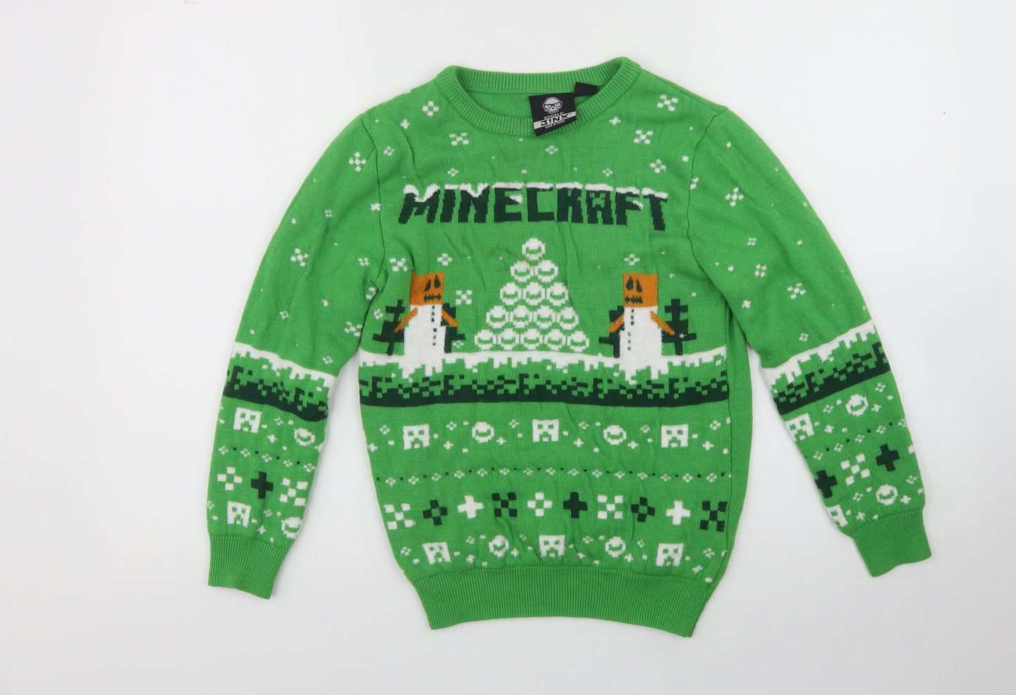 Primark Boys Green Cowl Neck  Acrylic Pullover Jumper Size 9-10 Years   - Minecraft