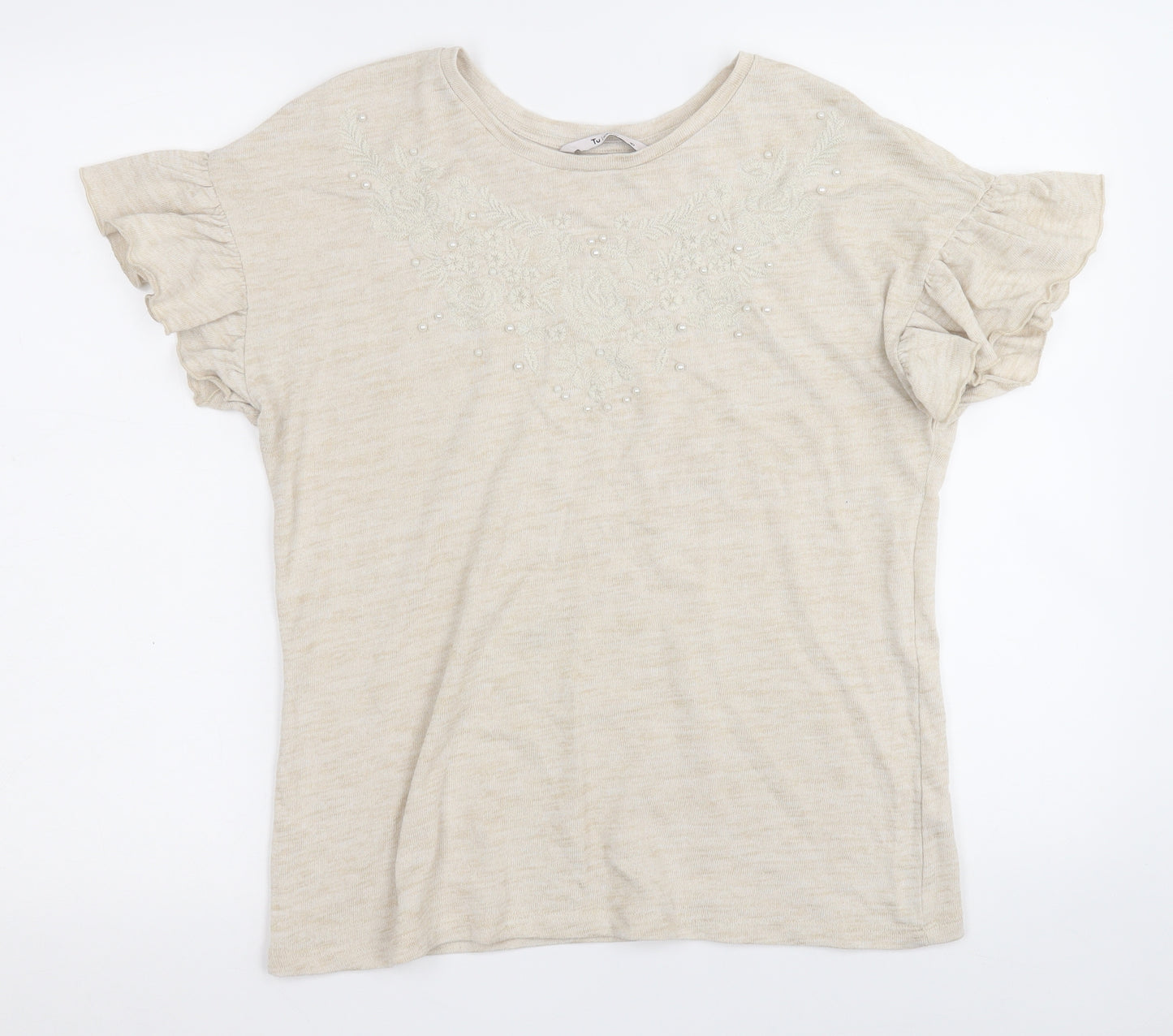 TU Womens Beige Floral Polyester Basic T-Shirt Size 10 Round Neck