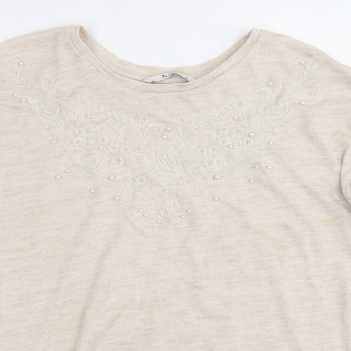 TU Womens Beige Floral Polyester Basic T-Shirt Size 10 Round Neck