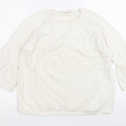 TU Womens White Round Neck Floral Cotton Pullover Jumper Size 18