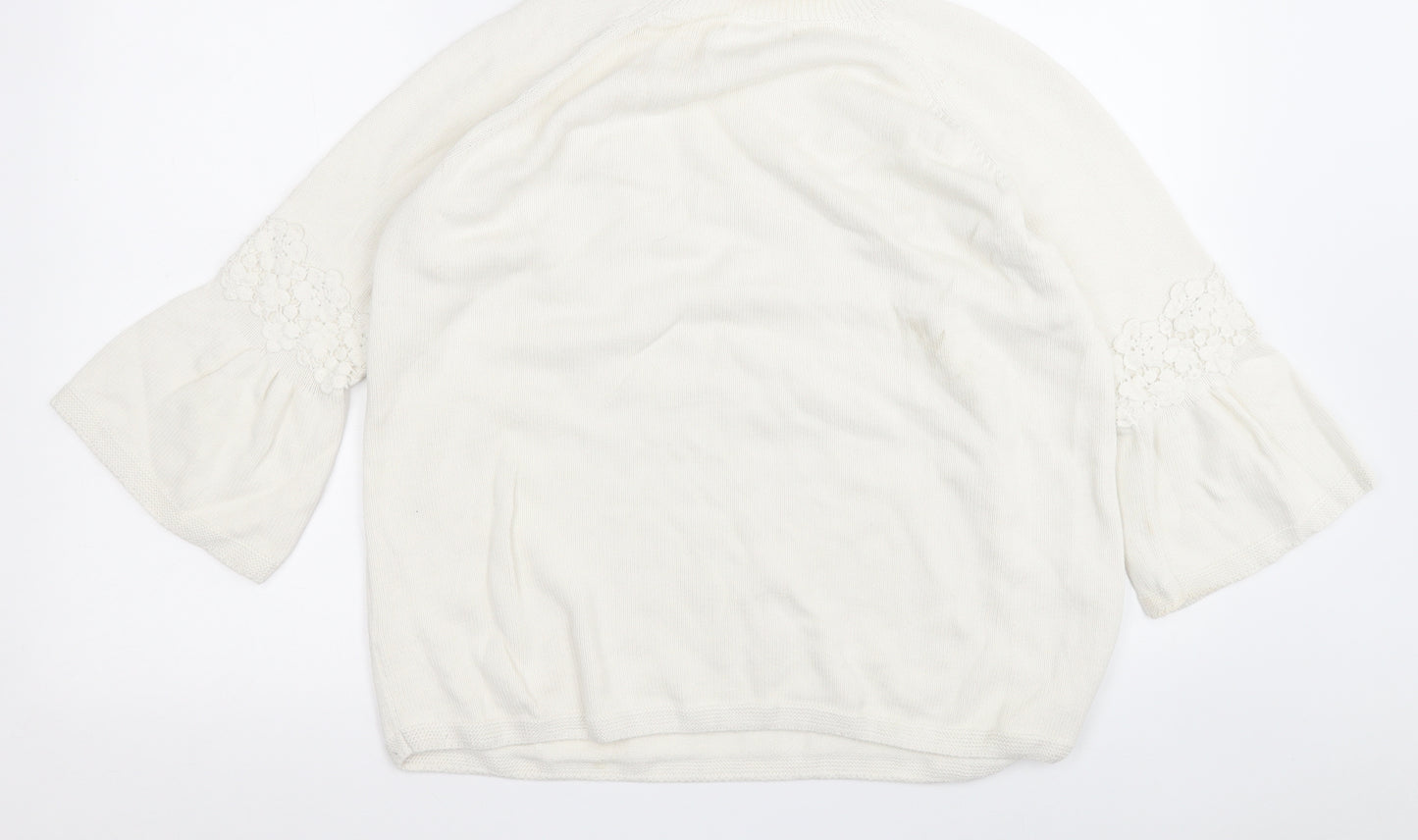 TU Womens White Round Neck Floral Cotton Pullover Jumper Size 18