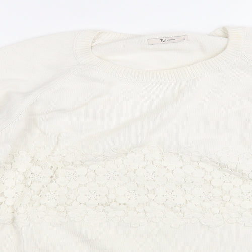 TU Womens White Round Neck Floral Cotton Pullover Jumper Size 18
