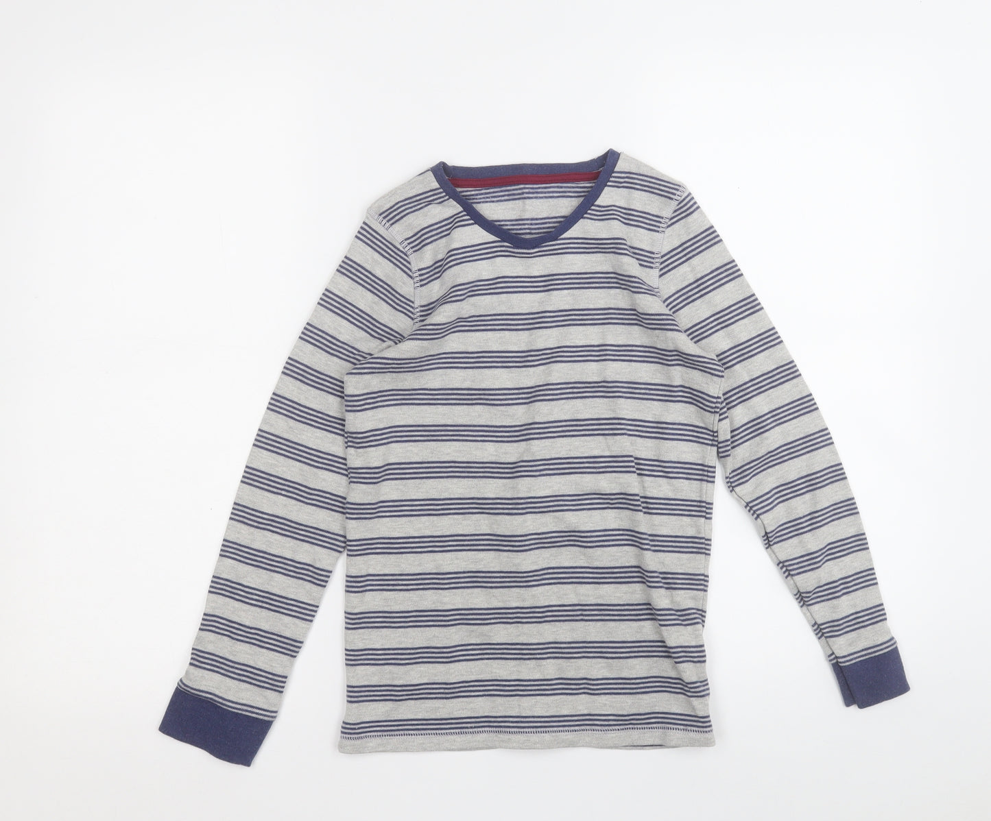 Marks and Spencer Boys Grey Round Neck Striped Cotton Pullover Jumper Size 11-12 Years