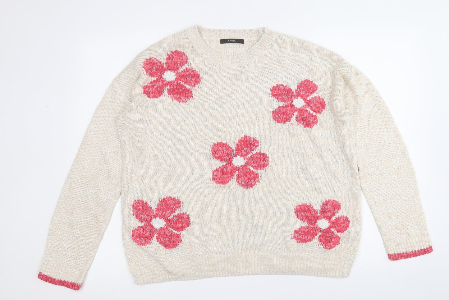 George Womens Beige Round Neck Floral Acrylic Pullover Jumper Size 16