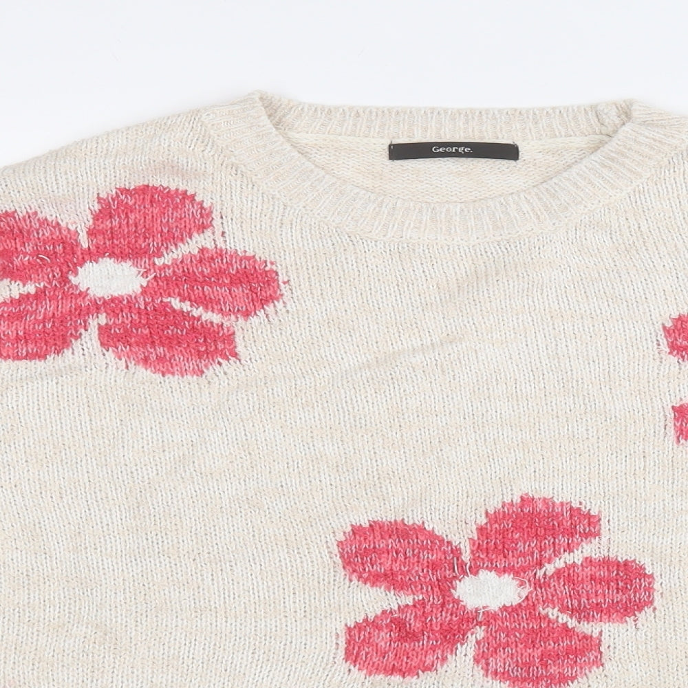 George Womens Beige Round Neck Floral Acrylic Pullover Jumper Size 16