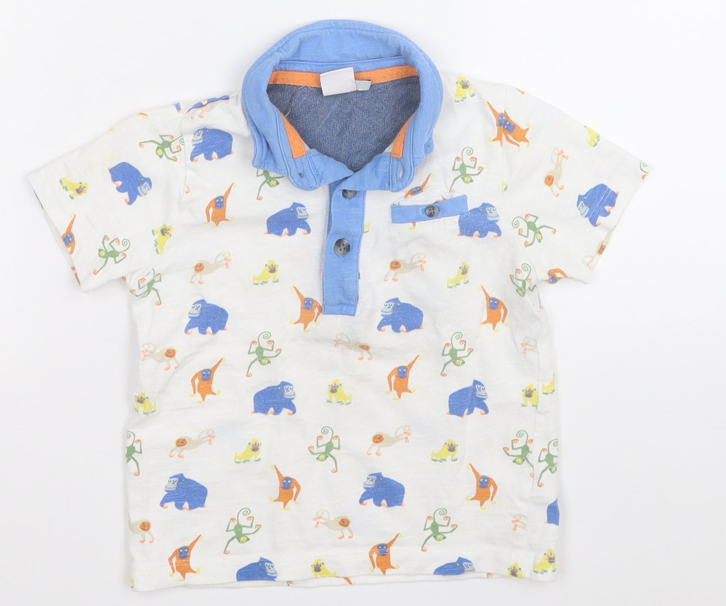 Mini Club Boys White Geometric Cotton Pullover Button-Up Size 2-3 Years Collared  - Animals
