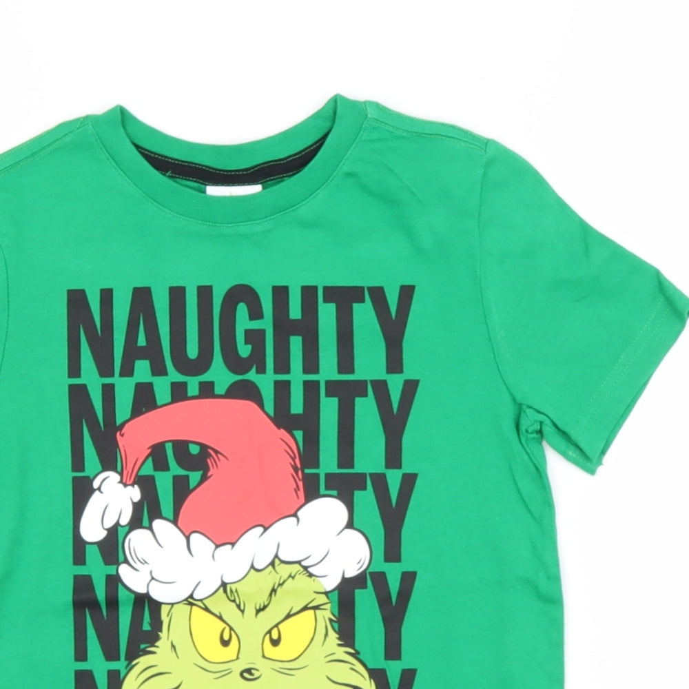 Preworn Boys Green  Cotton Basic T-Shirt Size 5-6 Years Round Neck  - Grinch