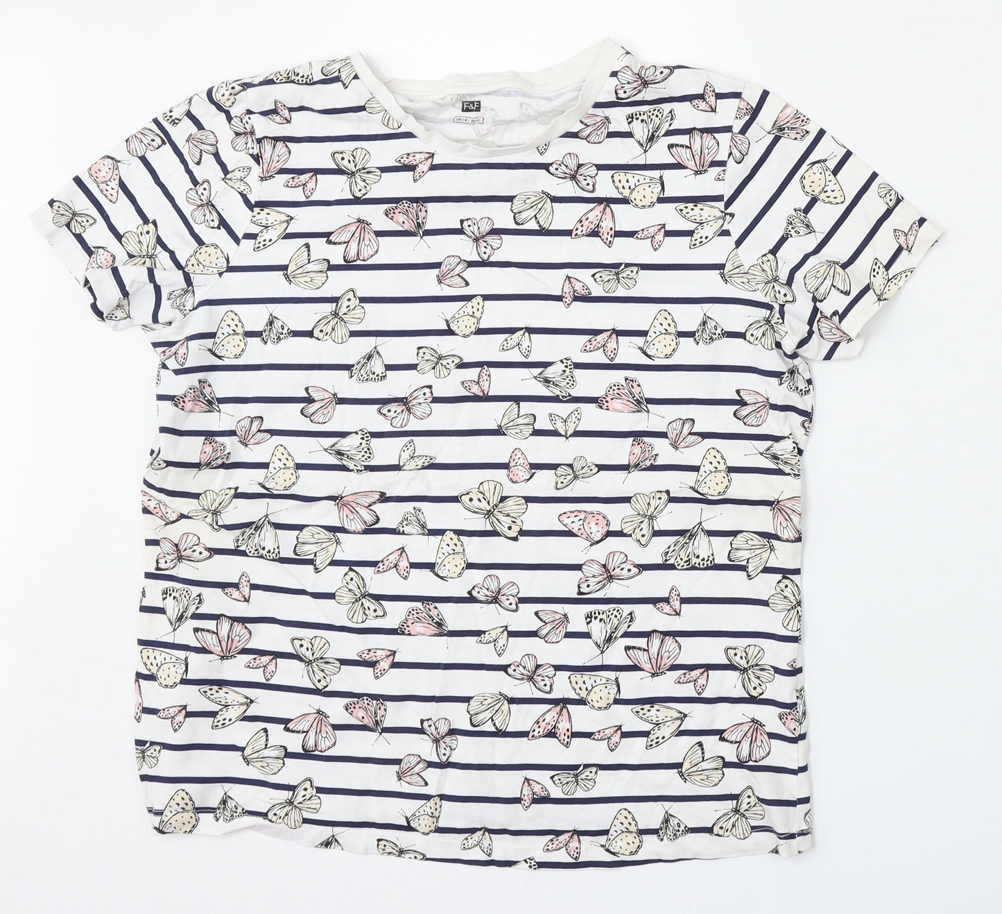 F&F Womens White Striped Cotton Basic T-Shirt Size 14 Round Neck