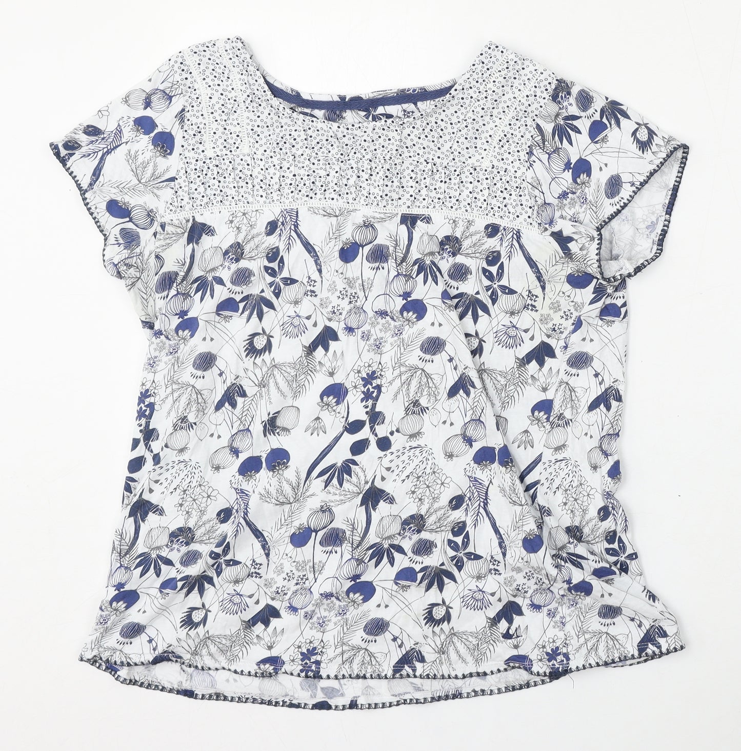 Mantaray Womens White Floral Cotton Basic T-Shirt Size 18 Round Neck