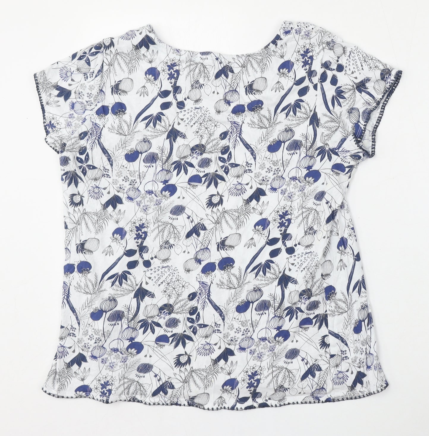 Mantaray Womens White Floral Cotton Basic T-Shirt Size 18 Round Neck