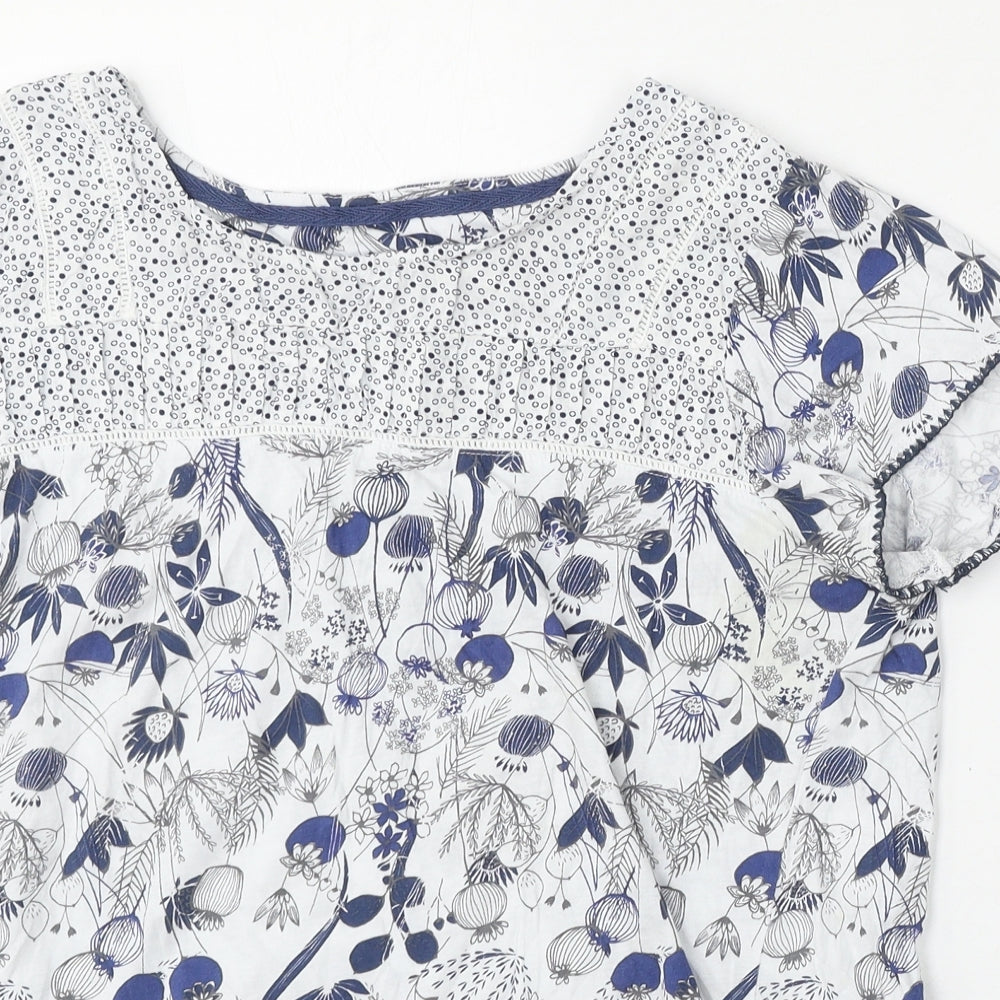 Mantaray Womens White Floral Cotton Basic T-Shirt Size 18 Round Neck