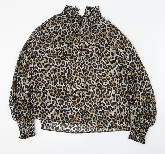 Front view of Primark women’s multicoloured animal print polyester basic blouse, size UK 10, mock neck
