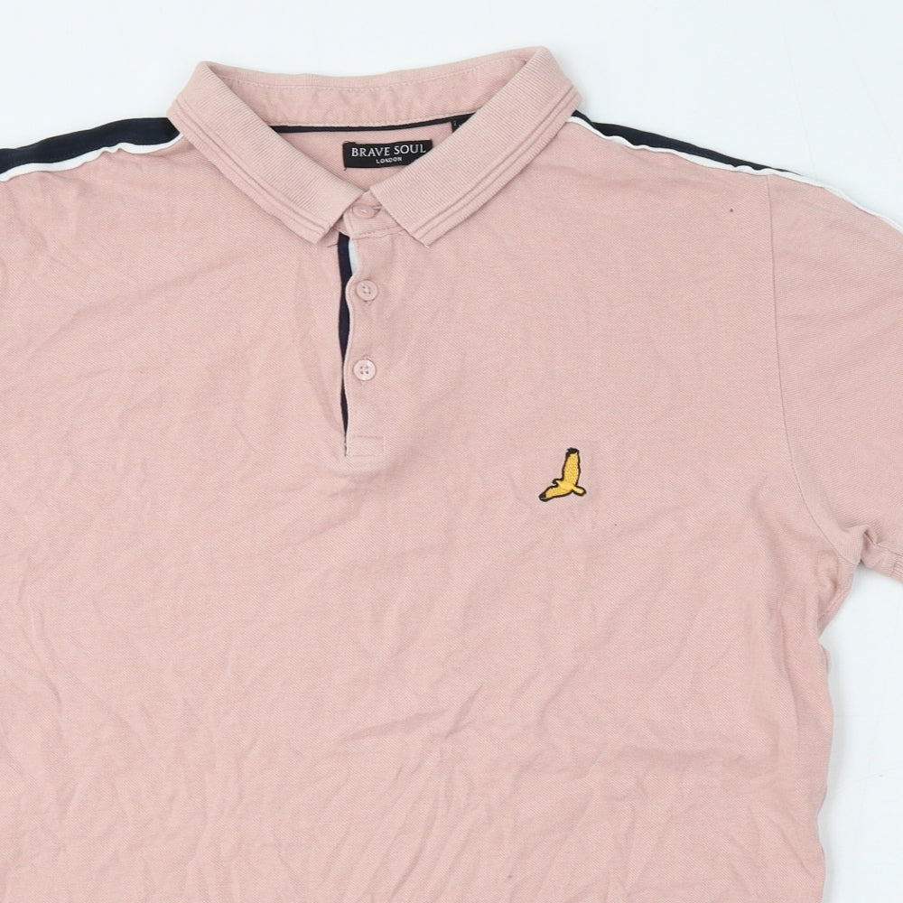 Brave Soul Mens Pink  Cotton  Polo Size L Collared Button