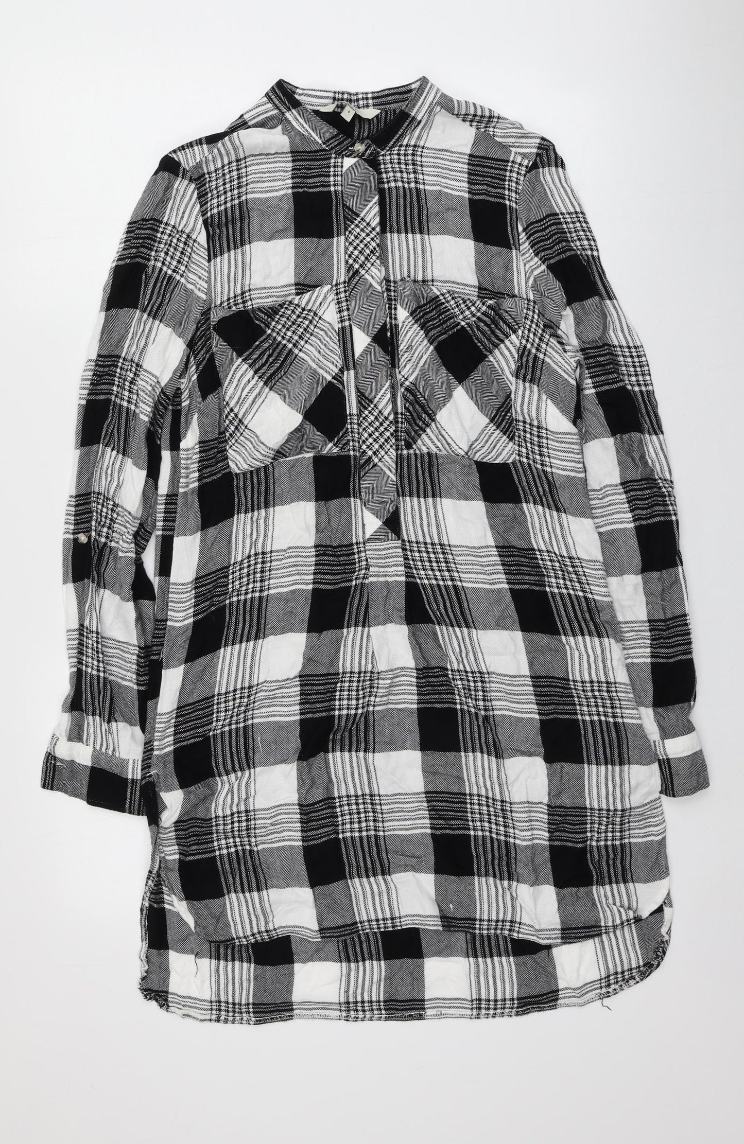 NEXT Womens Black Plaid Viscose Basic Button-Up Size 8 Round Neck
