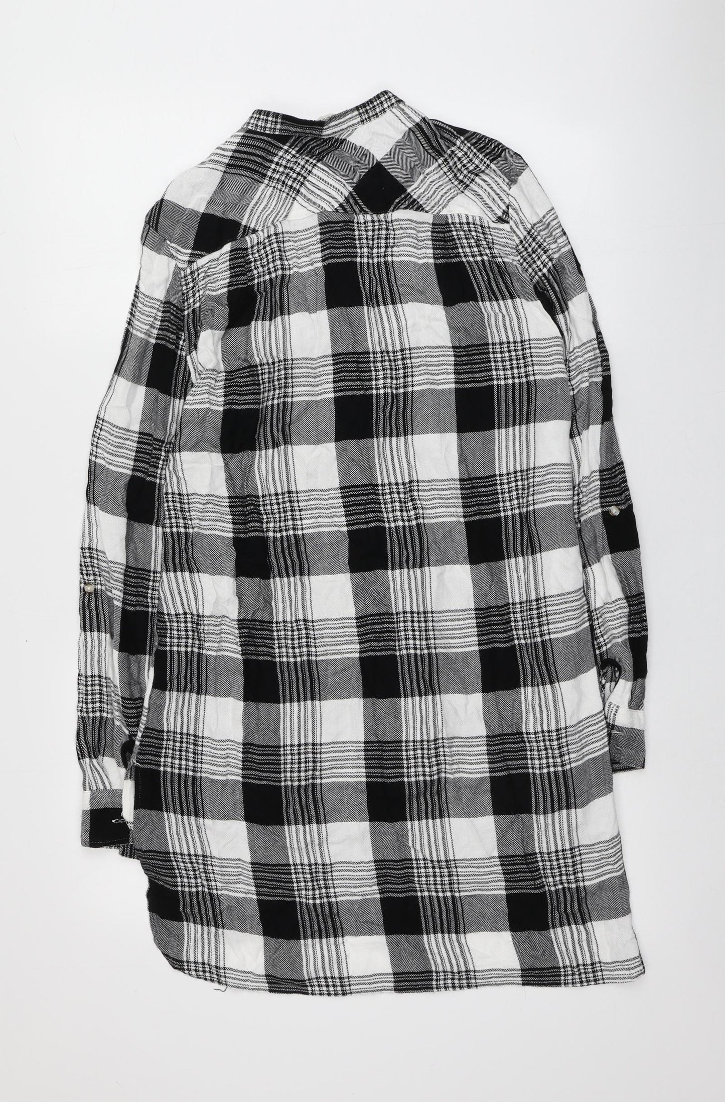 NEXT Womens Black Plaid Viscose Basic Button-Up Size 8 Round Neck