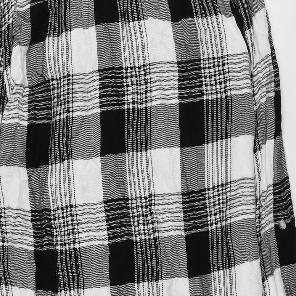 NEXT Womens Black Plaid Viscose Basic Button-Up Size 8 Round Neck