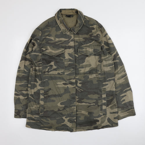 Topshop Womens Green Camouflage Cotton Basic Button-Up Size 12 Round Neck