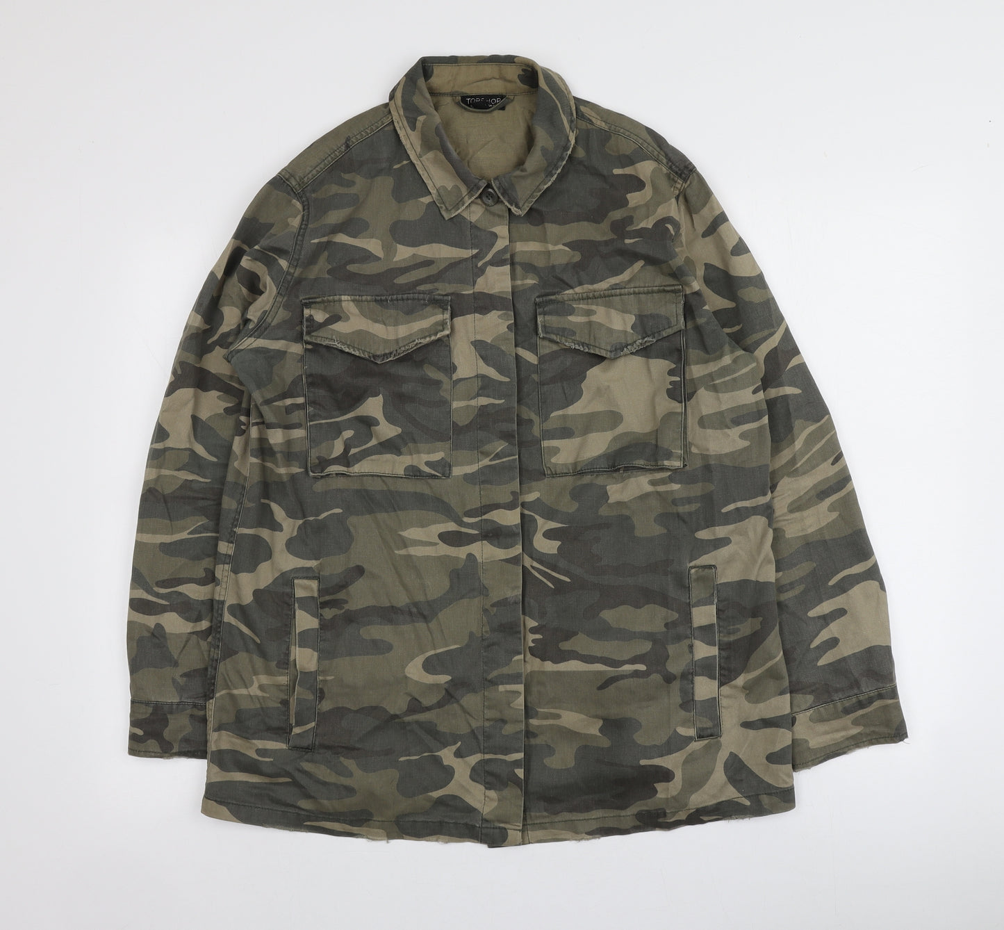 Topshop Womens Green Camouflage Cotton Basic Button-Up Size 12 Round Neck