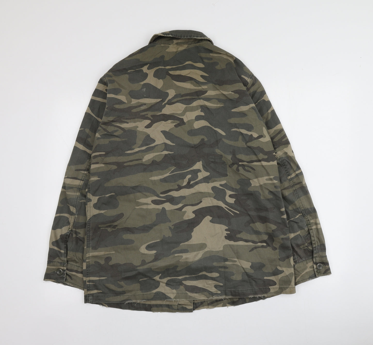 Topshop Womens Green Camouflage Cotton Basic Button-Up Size 12 Round Neck