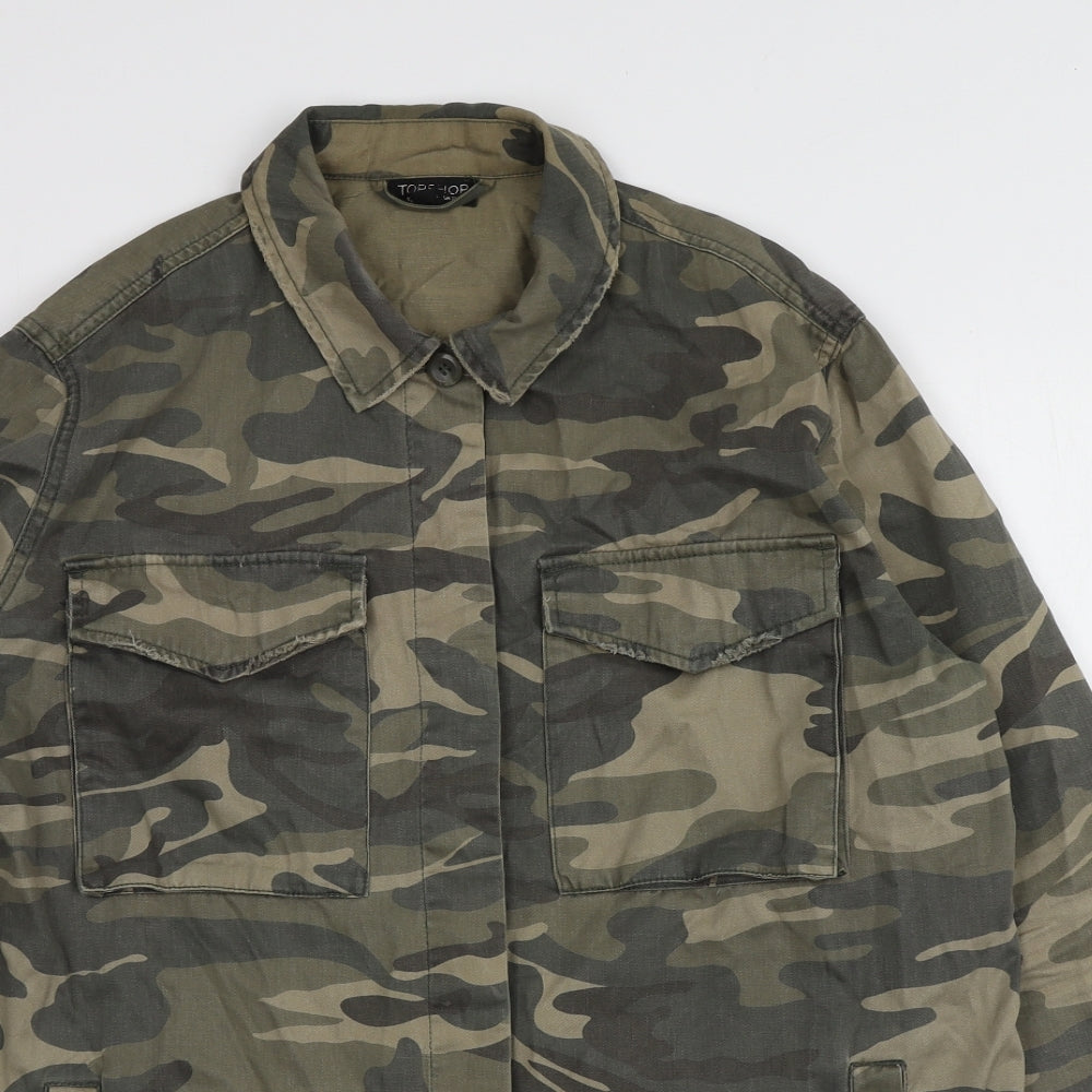 Topshop Womens Green Camouflage Cotton Basic Button-Up Size 12 Round Neck
