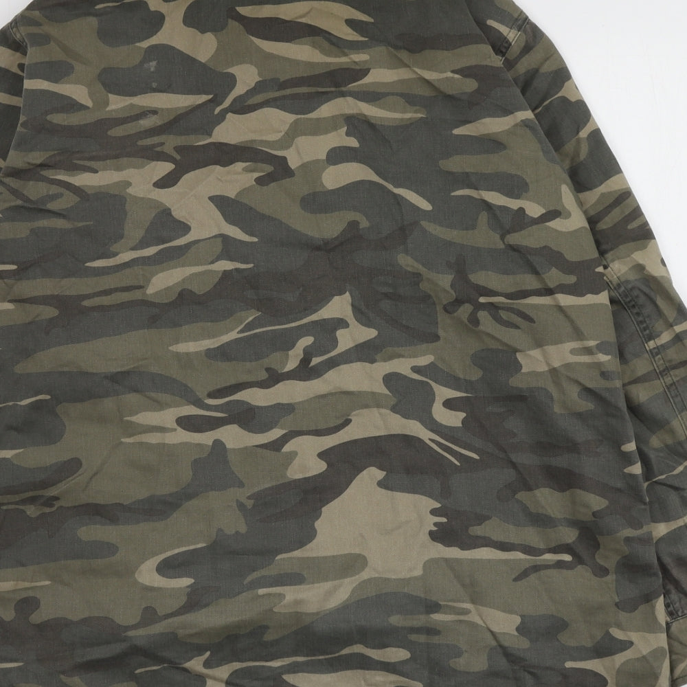 Topshop Womens Green Camouflage Cotton Basic Button-Up Size 12 Round Neck