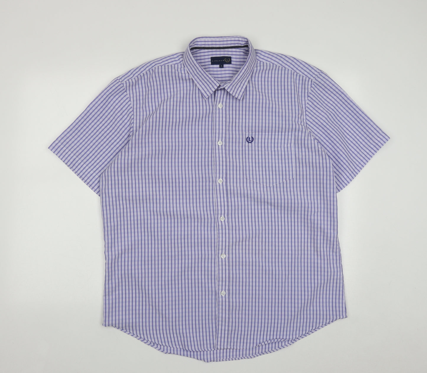 Lincoln Mens Blue Plaid Polyester  Button-Up Size L Collared Button