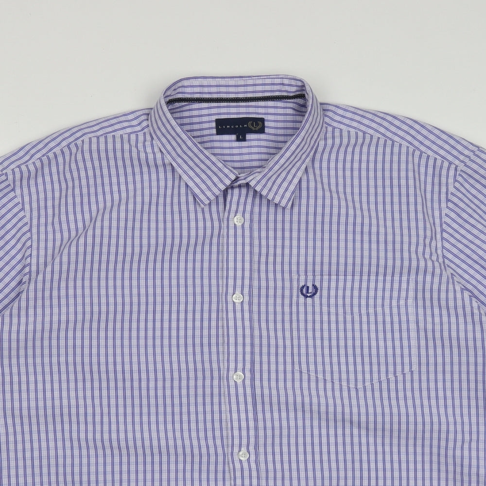 Lincoln Mens Blue Plaid Polyester  Button-Up Size L Collared Button