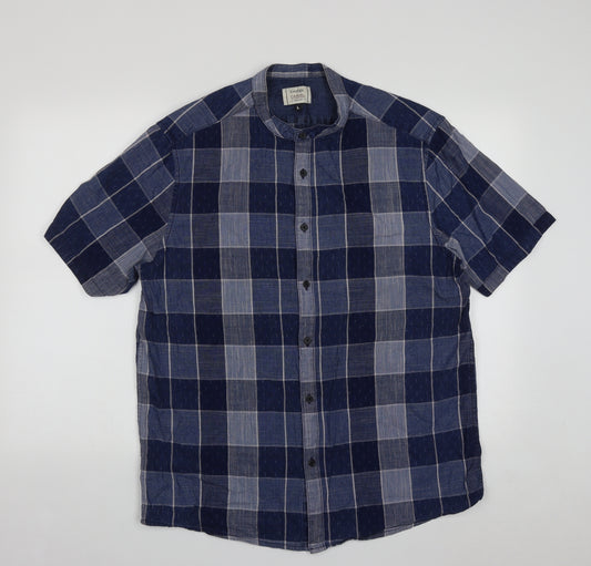 Front view of George men’s blue plaid cotton button-up, size L, collared button