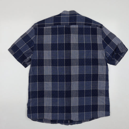 George Mens Blue Plaid Cotton  Button-Up Size L Collared Button