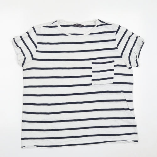 Marks and Spencer Womens White Striped Cotton Basic T-Shirt Size 12 Round Neck