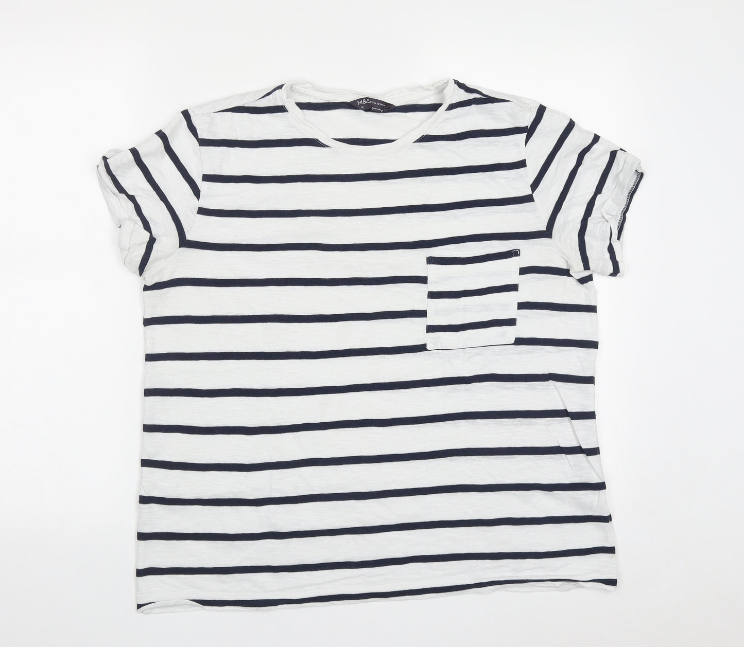 Marks and Spencer Womens White Striped Cotton Basic T-Shirt Size 12 Round Neck