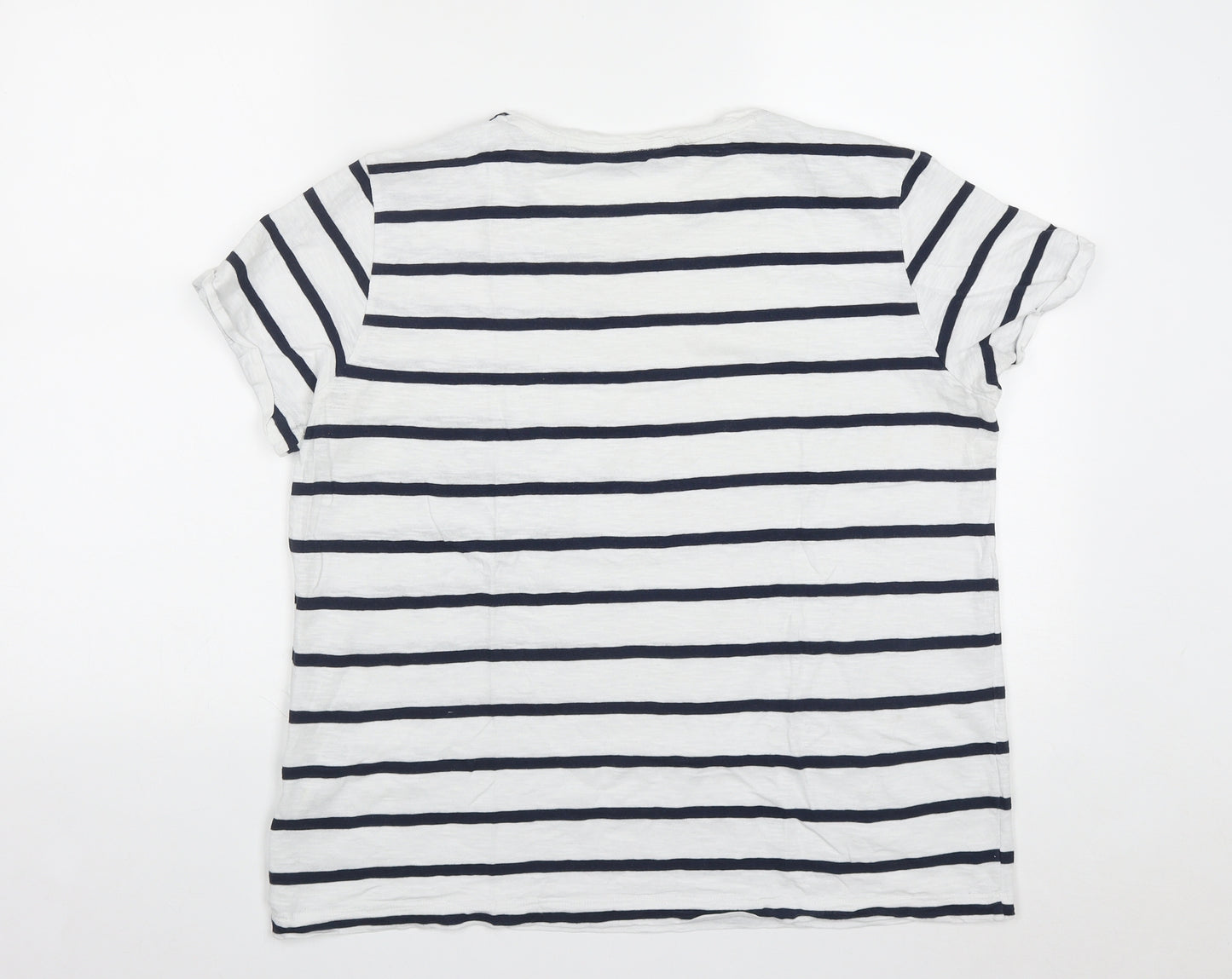 Marks and Spencer Womens White Striped Cotton Basic T-Shirt Size 12 Round Neck