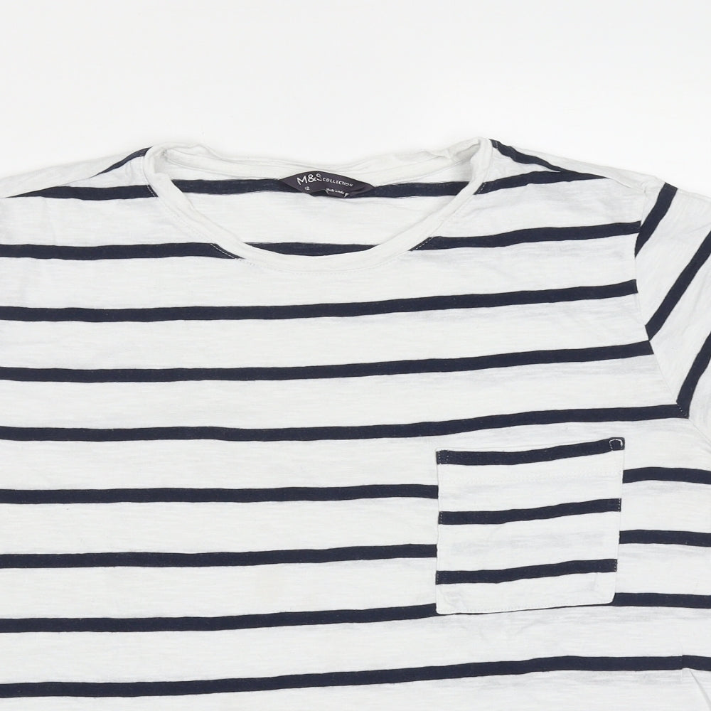 Marks and Spencer Womens White Striped Cotton Basic T-Shirt Size 12 Round Neck