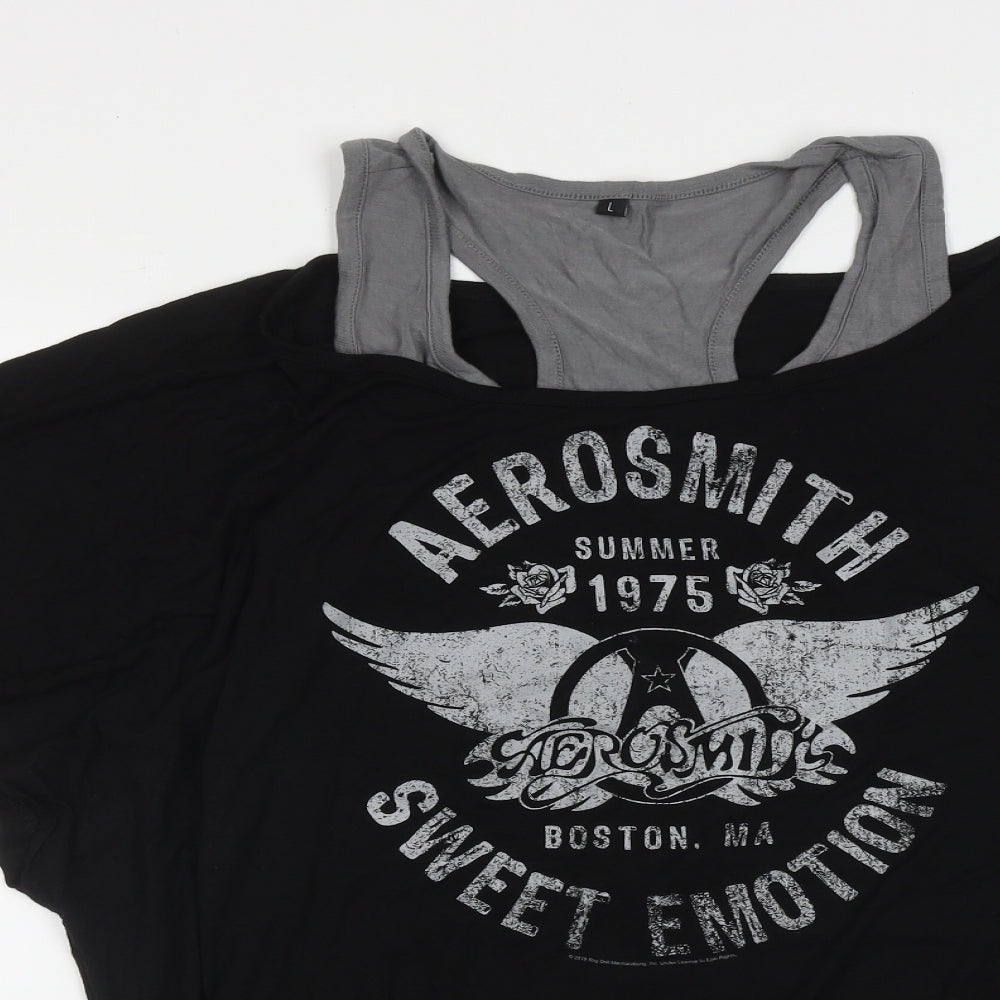 Aerosmith Womens Black  Viscose Basic T-Shirt Size L Round Neck